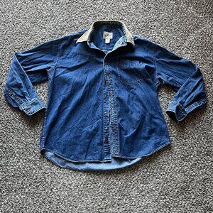 Woolrich Blue Denim Button Up Shirt Mens XL Corduroy Collar Chore Shirt Country